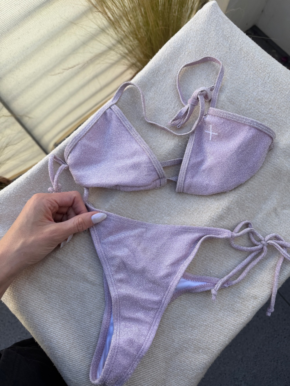 Boutine LA Shimmer Triangle Bikini Top and Bottoms in Lilac